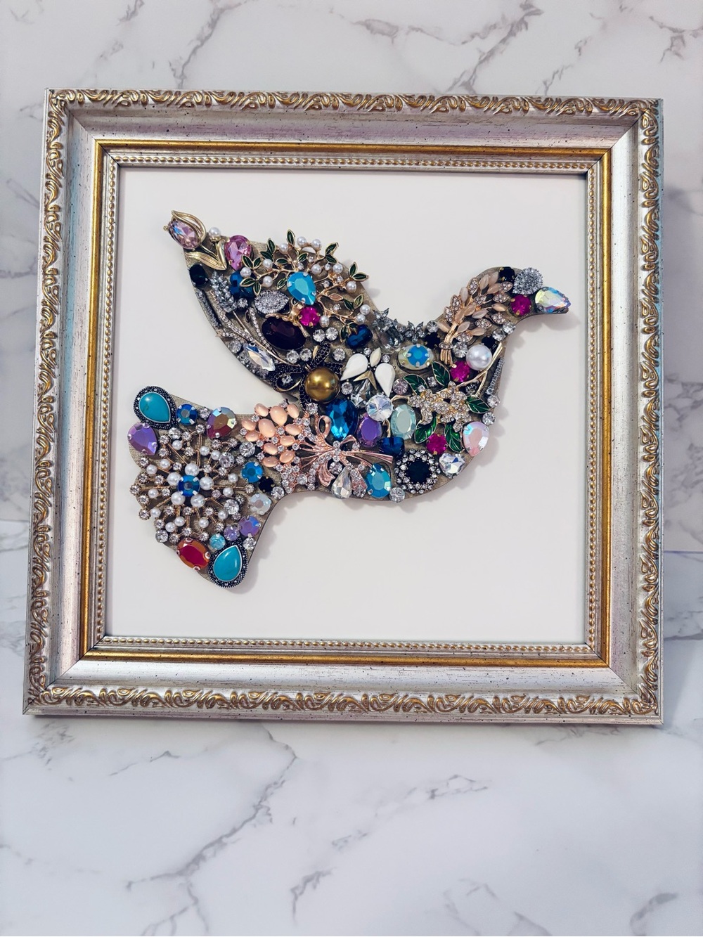 Jeweled Dove Mosaic Wall Art - Multicolor Crystal Embellished Bird